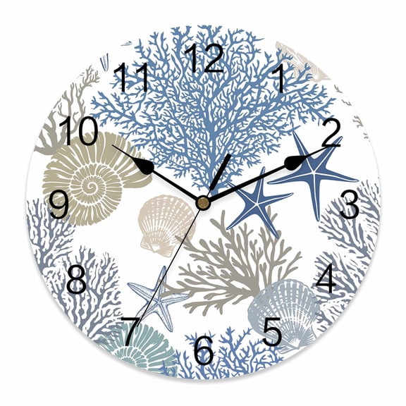 Wall Clock Ocean Coral Starfish Clocks PVC Silent Non-Ticking Battery Operated Blue Nautical Coastal Shell Round Clock for Home Living Room Kitchen Bedroom Office School Wall Decor 12 Inch