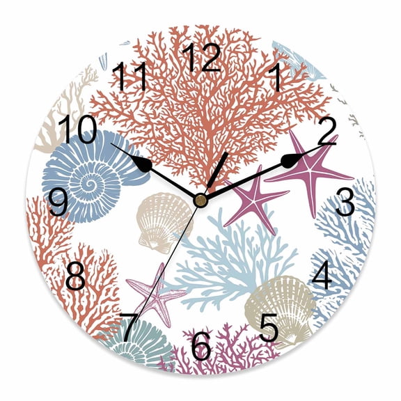 Wall Clock Ocean Coral Starfish Clocks PVC Silent Non-Ticking Battery Operated Decorative Beach Coastal Shell Round Clock for Home Living Room Kitchen Bedroom Office School Wall Decor 10 Inch