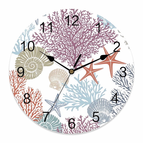 Wall Clock Ocean Coral Starfish Clocks PVC Silent Non-Ticking Battery Operated Decorative Nautical Coastal Shell Round Clock for Home Living Room Kitchen Bedroom Office School Wall Decor 10 Inch