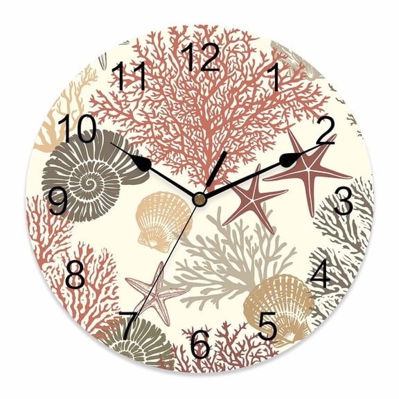 Wall Clock Ocean Coral Starfish Clocks PVC Silent Non-Ticking Battery Operated Decorative Red Nautical Coastal Shell Round Clock for Home Living Room Kitchen Bedroom Office School Wall Decor 10 Inch