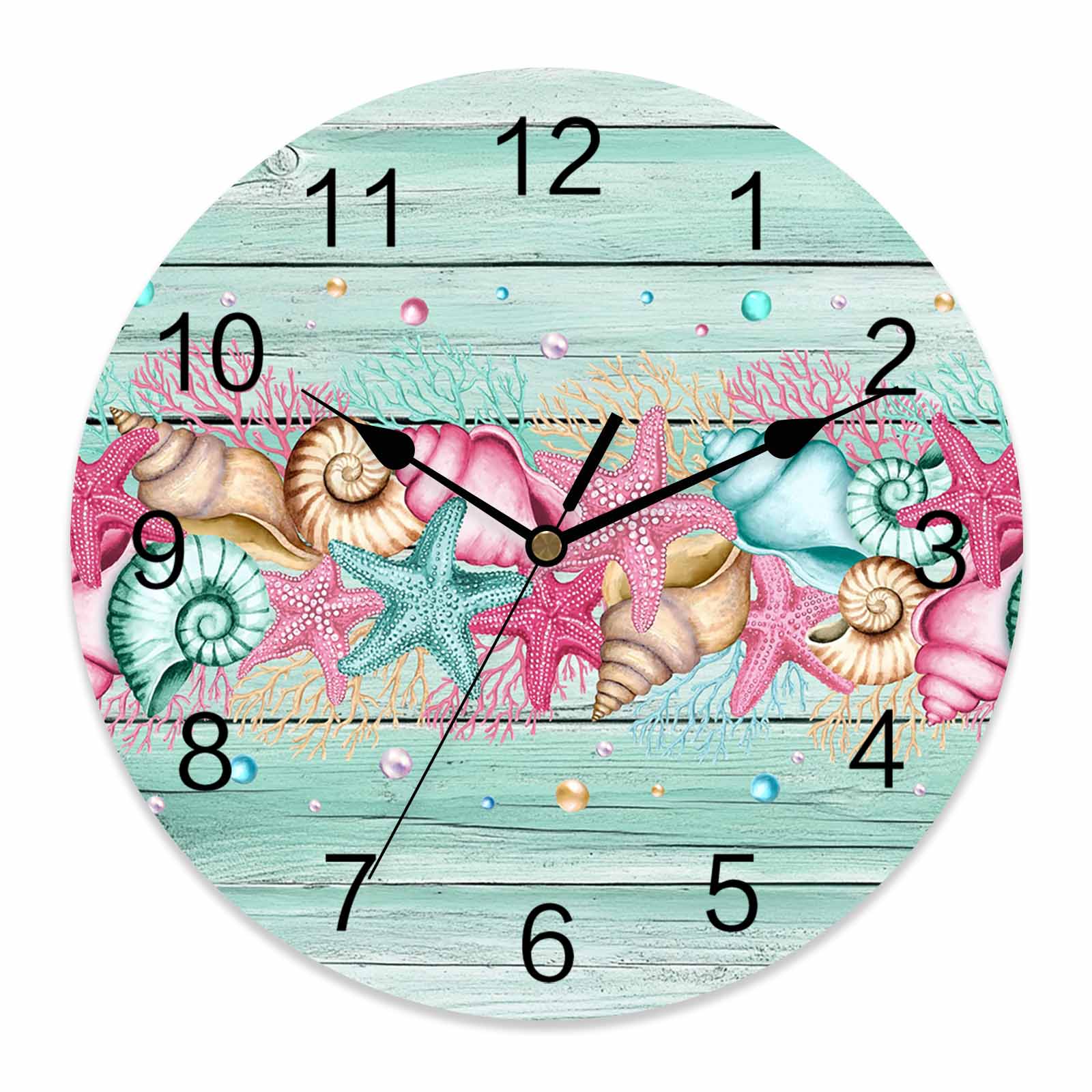 Wall Clock Ocean Coral Starfish Conch Clocks PVC Silent Non-Ticking ...