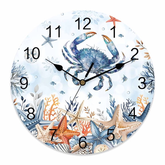 Wall Clock Ocean Crab Clocks PVC Silent Non-Ticking Battery Operated Decorative Coastal Starfish Coral Shell Round Clock for Home Living Room Kitchen Bedroom Office School Wall Decor 10 Inch