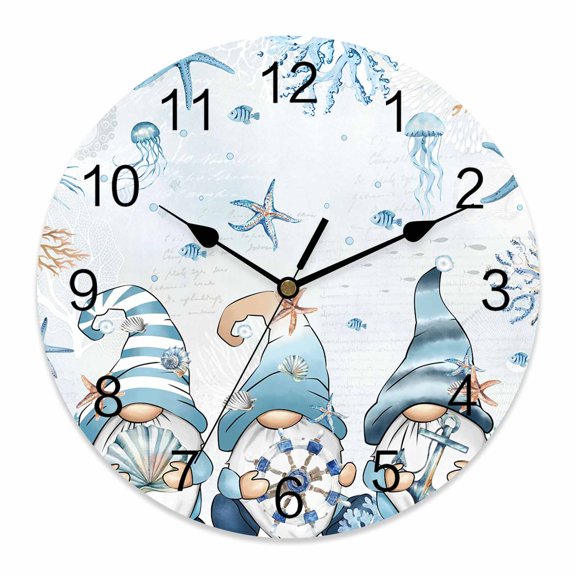 Wall Clock Ocean Gnome Clocks PVC Silent Non-Ticking Battery Operated Decorative Blue Nautical Coral Starfish Shell Round Clock for Home Living Room Kitchen Bedroom Office School Wall Decor 10 Inch
