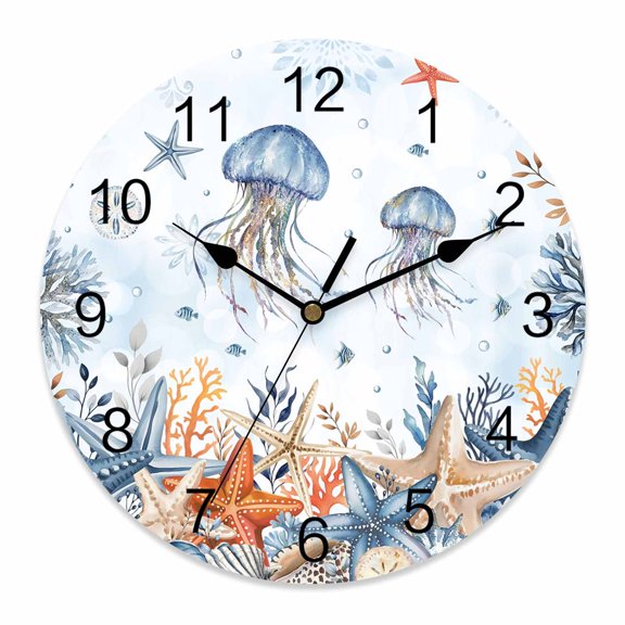 Wall Clock Ocean Jellyfish Clocks PVC Silent Non-Ticking Battery Operated Decorative Coastal Starfish Coral Shell Round Clock for Home Living Room Kitchen Bedroom Office School Wall Decor 10 Inch