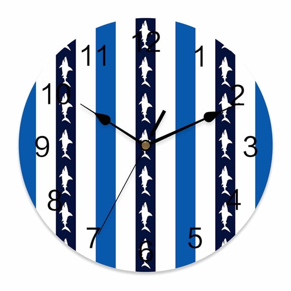 Wall Clock Ocean Shark Stripes Clocks PVC Silent Non-Ticking Battery Operated Decorative Blue White Striped Round Clock for Home Living Room Kitchen Bedroom Office School Wall Decor 10 Inch