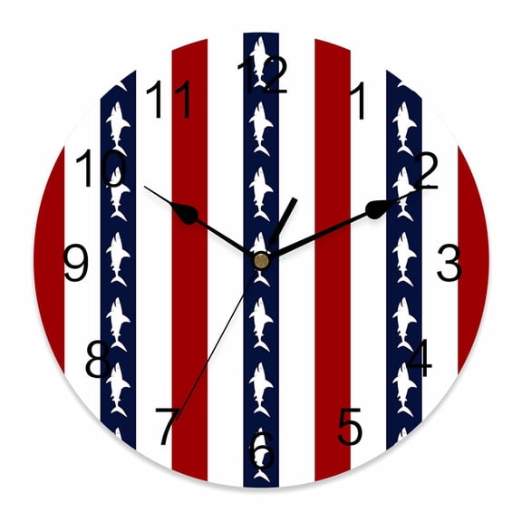 Wall Clock Ocean Shark Stripes Clocks PVC Silent Non-Ticking Battery Operated Decorative Red White Striped Round Clock for Home Living Room Kitchen Bedroom Office School Wall Decor 10 Inch