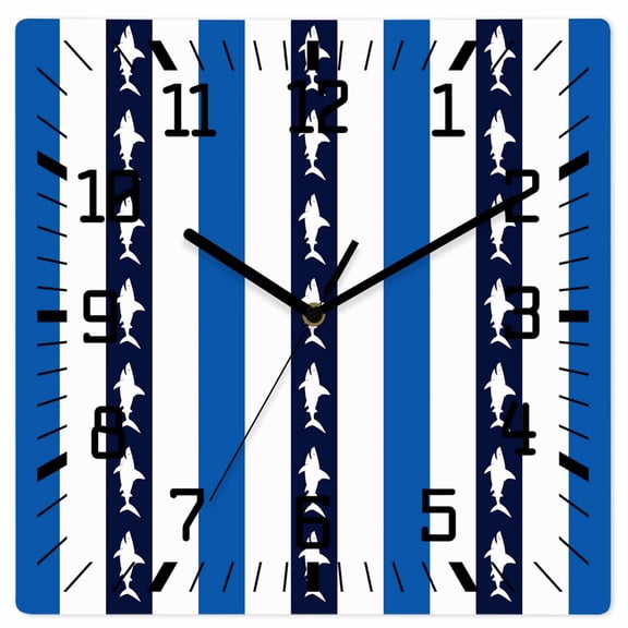 Wall Clock Ocean Shark Stripes Operated Square Clocks Wooden Silent Non-Ticking Wallclock 10 Inch Blue White Striped Wood Wall Clock for Living Room Bedroom Office Shool Home Decor