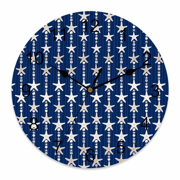 Wall Clock Ocean Starfish Clocks PVC Silent Non-Ticking Battery Operated Decorative Shell Conch Navy Blue Stripes Round Clock for Home Living Room Kitchen Bedroom Office School Wall Decor 10 Inch