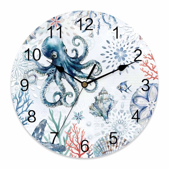 Wall Clock Octopus Clocks PVC Silent Non-Ticking Battery Operated Decorative Shell Coral Fish Marine Life Round Clock for Home Living Room Kitchen Bedroom Office School Wall Decor 10 Inch