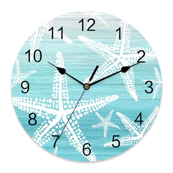 Wall Clock Ombre Teal Starfish Clocks PVC Silent Non-Ticking Battery Operated Decorative Summer Beach Coastal Round Clock for Home Living Room Kitchen Bedroom Office School Wall Decor 10 Inch