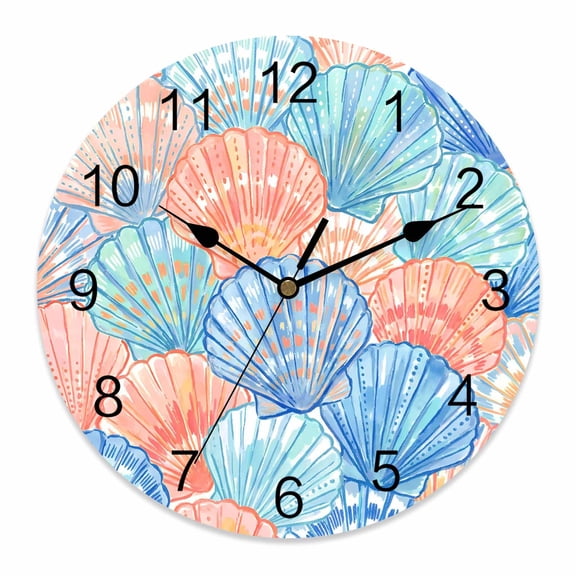 Wall Clock Orange Blue Coastal Shell Clocks PVC Silent Non-Ticking Battery Operated Decorative Ocean Marine Life Round Clock for Home Living Room Kitchen Bedroom Office School Wall Decor 14 Inch