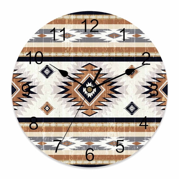Wall Clock Orange Boho Aztec Clocks PVC Silent Non-Ticking Battery Operated Decorative Southwest Tribal Geometric Round Clock for Home Living Room Kitchen Bedroom Office School Wall Decor 10 Inch
