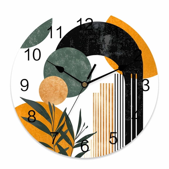 Wall Clock Orange Boho Clocks PVC Silent Non-Ticking Battery Operated Decorative Geometric Line Leaves Round Clock for Home Living Room Kitchen Bedroom Office School Wall Decor 10 Inch