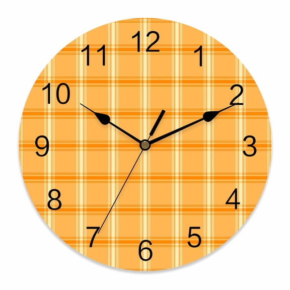 Wall Clock Orange Check Plaid Clocks PVC Silent Non-Ticking Battery Operated Decorative Classic Check Block Round Clock for Home Living Room Kitchen Bedroom Office School Wall Decor 10 Inch
