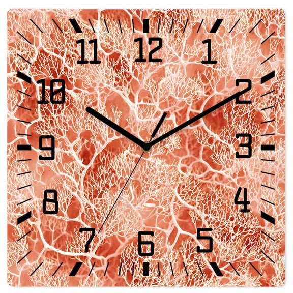 Wall Clock Orange Coral Branches Operated Square Clocks Wooden Silent Non-Ticking Wallclock 12 Inch Bohemian Veins Texture Wood Wall Clock for Living Room Bedroom Office Shool Home Decor