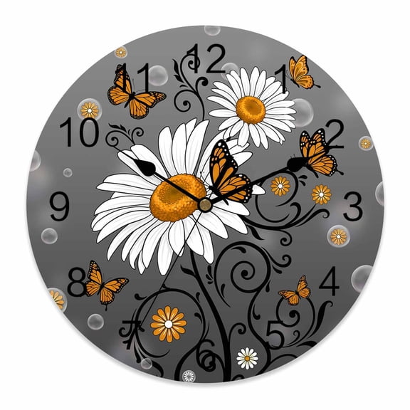 Wall Clock Orange Daisy Flower Clocks PVC Silent Non-Ticking Battery Operated Grey Bubble Butterfly Floral Round Clock for Home Living Room Kitchen Bedroom Office School Wall Decor 10 Inch