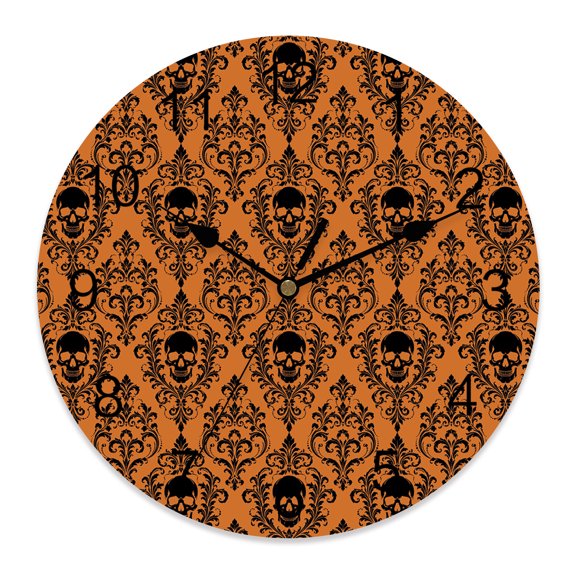 Wall Clock Orange Damask Skull Clocks PVC Silent Non-Ticking Battery Operated Decorative Luxury Floral Skeleton Round Clock for Home Living Room Kitchen Bedroom Office School Wall Decor 10 Inch