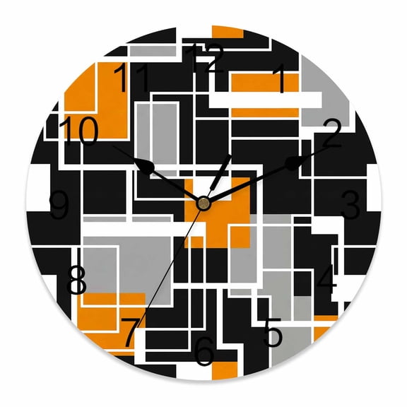 Wall Clock Orange Geometric Clocks PVC Silent Non-Ticking Battery Operated Decorative Modern Art Square Lines Round Clock for Home Living Room Kitchen Bedroom Office School Wall Decor 10 Inch