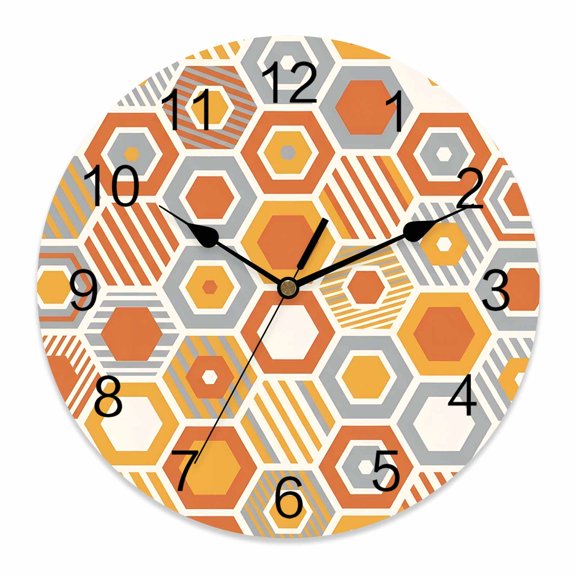 Wall Clock Orange Gray Hexagon Clocks PVC Silent Non-Ticking Battery Operated Decorative Abstract Geometric Art Round Clock for Home Living Room Kitchen Bedroom Office School Wall Decor 10 Inch