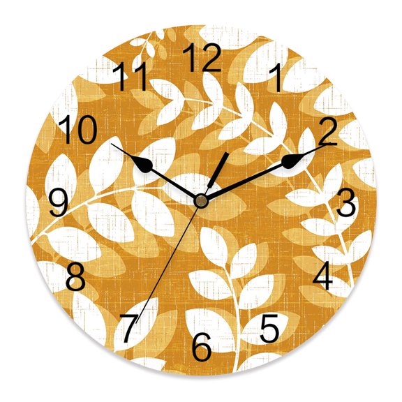Wall Clock Orange Leaf Branches Clocks PVC Silent Non-Ticking Battery Operated Decorative Linen Leaves Plant Round Clock for Home Living Room Kitchen Bedroom Office School Wall Decor 10 Inch