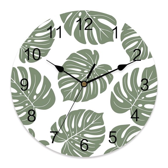 Wall Clock Palm Leaves Clocks PVC Silent Non-Ticking Battery Operated Decorative Green Tropical Monstera Leaf Plant Round Clock for Home Living Room Kitchen Bedroom Office School Wall Decor 10 Inch