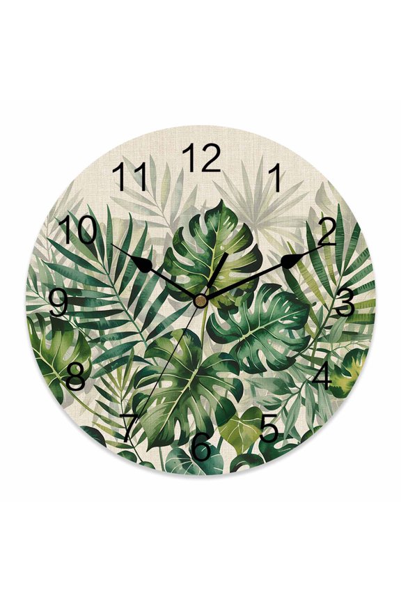 Wall Clock Palm Leaves Clocks PVC Silent Non-Ticking Battery Operated Decorative Summer Tropical Plant Leaf Linen Round Clock for Home Living Room Kitchen Bedroom Office School Wall Decor 10 Inch