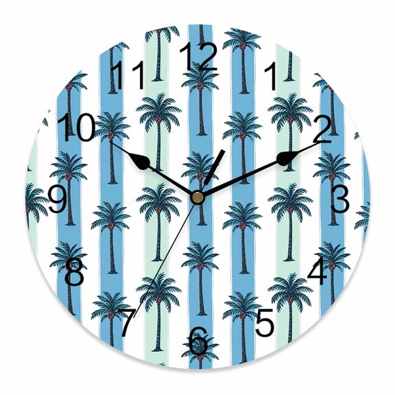 Wall Clock Palm Trees Clocks PVC Silent Non-Ticking Battery Operated Decorative Tropical Plant Coconut Blue Stripes Round Clock for Home Living Room Kitchen Bedroom Office School Wall Decor 10 Inch