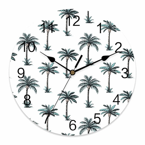 Wall Clock Palm Trees Clocks PVC Silent Non-Ticking Battery Operated Decorative Tropical Plant Coconut Round Clock for Home Living Room Kitchen Bedroom Office School Wall Decor 10 Inch