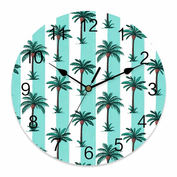 Wall Clock Palm Trees Clocks PVC Silent Non-Ticking Battery Operated Decorative Tropical Plant Turquoise Stripes Round Clock for Home Living Room Kitchen Bedroom Office School Wall Decor 10 Inch
