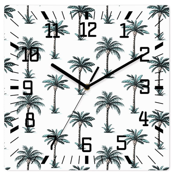 Wall Clock Palm Trees Operated Square Clocks Wooden Silent Non-Ticking Wallclock 12 Inch Tropical Plant Coconut Wood Wall Clock for Living Room Bedroom Office Shool Home Decor
