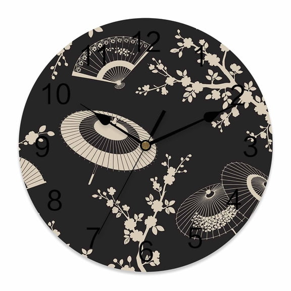 Wall Clock Paper Fan Clocks PVC Silent Non-Ticking Battery Operated Decorative Cherry Blossom Branch Japanese Style Black Round Clock for Home Living Room Kitchen Bedroom Office Wall Decor 10 Inch