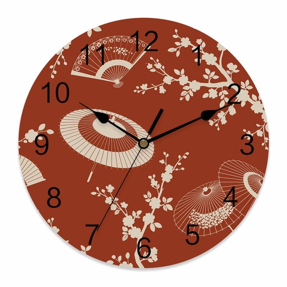 Wall Clock Paper Fan Clocks PVC Silent Non-Ticking Battery Operated Decorative Cherry Blossom Branch Japanese Style Red Round Clock for Home Living Room Kitchen Bedroom Office Wall Decor 10 Inch