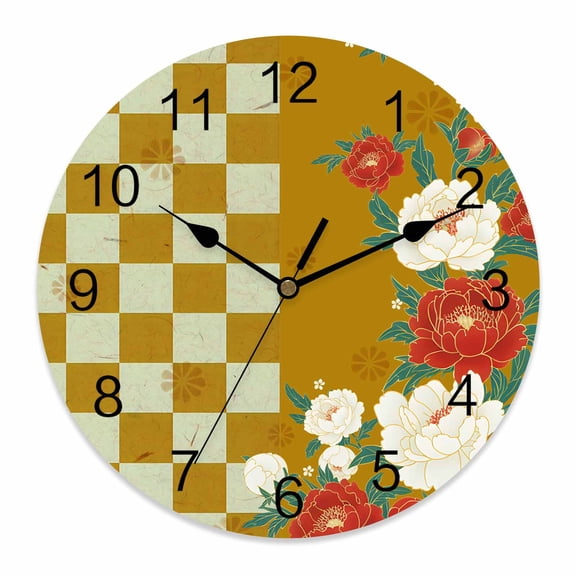 Wall Clock Peony Clocks PVC Silent Non-Ticking Battery Operated Decorative Harmony Japanese Yellow Buffalo Plaid Round Clock for Home Living Room Kitchen Bedroom Office School Wall Decor 14 Inch