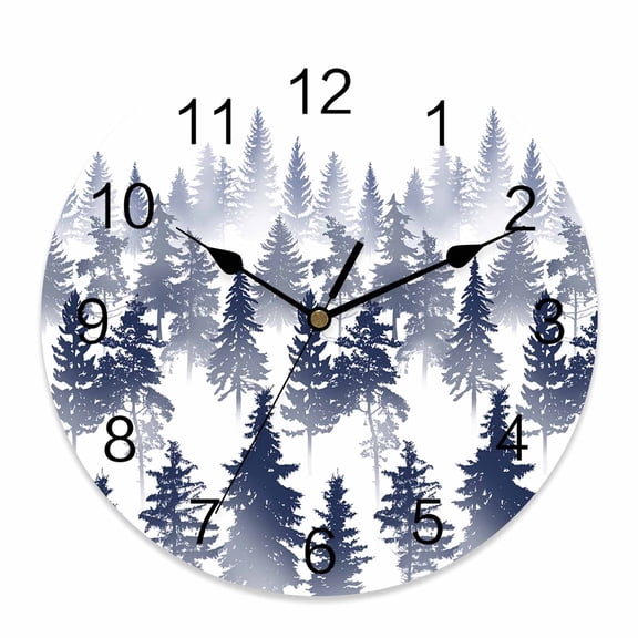 Wall Clock Pine Tree Clocks PVC Silent Non-Ticking Battery Operated Decorative Nature Foggy Forest Blue Ombre Round Clock for Home Living Room Kitchen Bedroom Office School Wall Decor 10 Inch