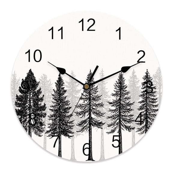 Wall Clock Pine Tree Forest Clocks PVC Silent Non-Ticking Battery Operated Decorative Black Woodland Landscape Round Clock for Home Living Room Kitchen Bedroom Office School Wall Decor 14 Inch