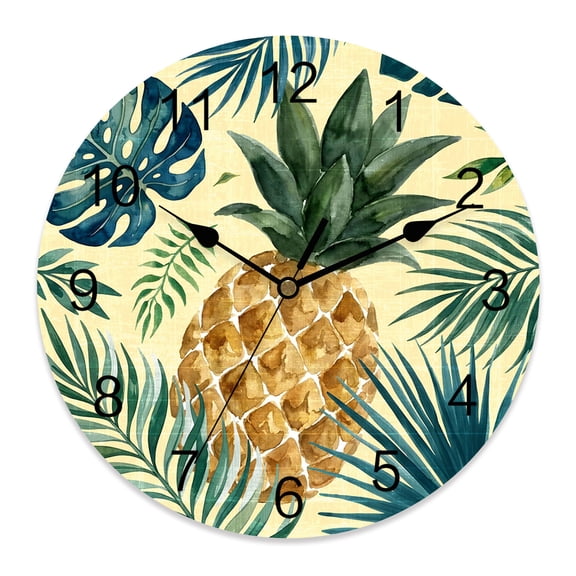 Wall Clock Pineapple Clocks PVC Silent Non-Ticking Battery Operated Decorative Summer Fruit Tropical Palm Leaves Round Clock for Home Living Room Kitchen Bedroom Office School Wall Decor 10 Inch