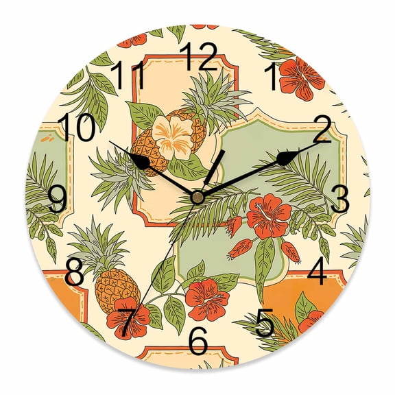 Wall Clock Pineapple Clocks PVC Silent Non-Ticking Battery Operated Decorative Tropical Fruit Palm Leaves Round Clock for Home Living Room Kitchen Bedroom Office School Wall Decor 10 Inch