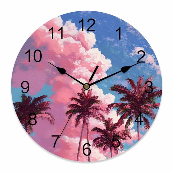 Wall Clock Pink Cloud Palm Tree Clocks PVC Silent Non-Ticking Battery Operated Decorative Blue Sky Tropical Leaves Round Clock for Home Living Room Kitchen Bedroom Office School Wall Decor 10 Inch