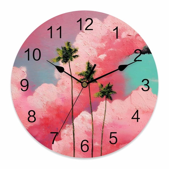 Wall Clock Pink Cloud Palm Tree Clocks PVC Silent Non-Ticking Battery Operated Decorative Teal Sky Tropical Leaves Round Clock for Home Living Room Kitchen Bedroom Office School Wall Decor 10 Inch