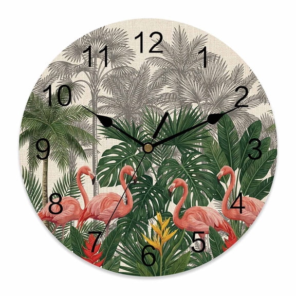 Wall Clock Pink Flamigo Clocks PVC Silent Non-Ticking Battery Operated Decorative Retro Tropical Palm Tree Round Clock for Home Living Room Kitchen Bedroom Office School Wall Decor 10 Inch