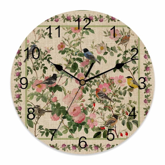 Wall Clock Pink Floral Bird Clocks PVC Silent Non-Ticking Battery Operated Decorative Green Leaves Branches Linen Round Clock for Home Living Room Kitchen Bedroom Office School Wall Decor 10 Inch