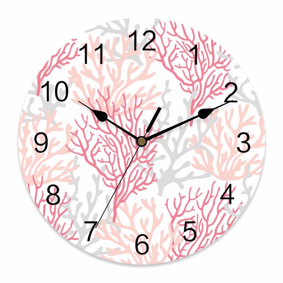 Wall Clock Pink Grey Ocean Coral Clocks PVC Silent Non-Ticking Battery Operated Decorative Summer Marine Life Round Clock for Home Living Room Kitchen Bedroom Office School Wall Decor 10 Inch
