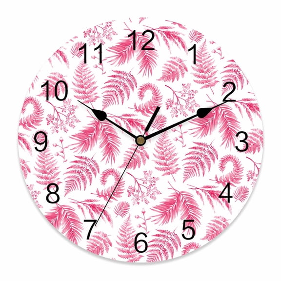 Wall Clock Pink Herbs Ferns Clocks PVC Silent Non-Ticking Battery Operated Decorative Nature Leaves Plant Round Clock for Home Living Room Kitchen Bedroom Office School Wall Decor 10 Inch
