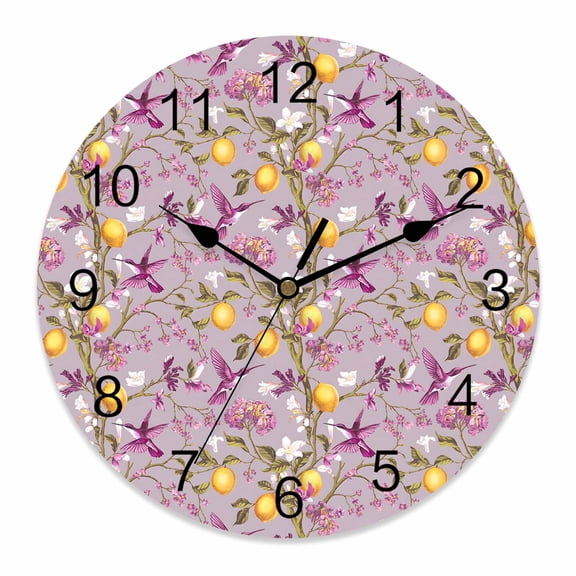 Wall Clock Pink Hummingbird Clocks PVC Silent Non-Ticking Battery Operated Decorative Lemon Fruit Branch Round Clock for Home Living Room Kitchen Bedroom Office School Wall Decor 10 Inch