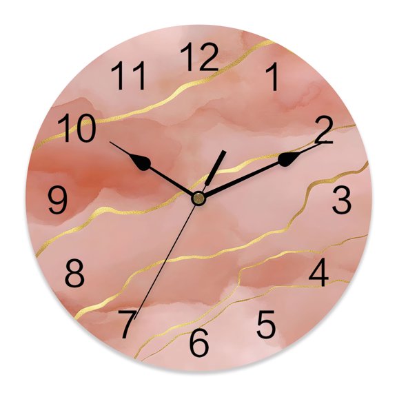 Wall Clock Pink Marble Gold Veins Clocks PVC Silent Non-Ticking Battery Operated Decorative Modern Abstract Fluid Round Clock for Home Living Room Kitchen Bedroom Office School Wall Decor 10 Inch