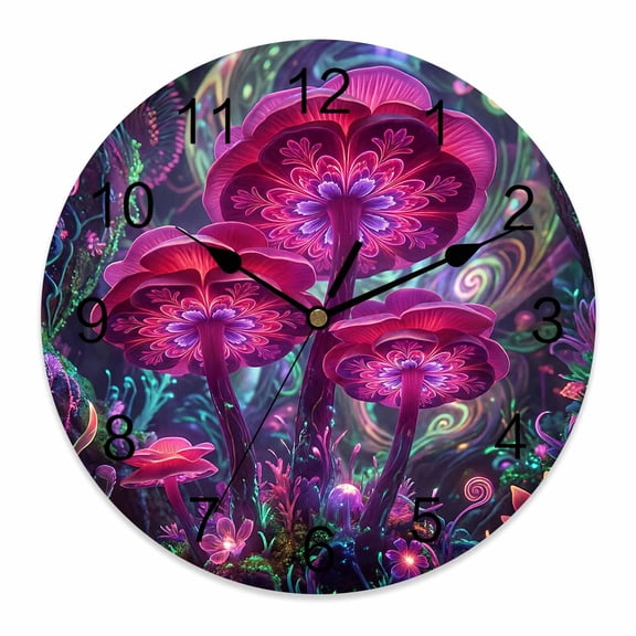 Wall Clock Pink Neon Mushrooms Clocks PVC Silent Non-Ticking Battery Operated Decorative Fantasy Shiny Moon Snails Round Clock for Home Living Room Kitchen Bedroom Office School Wall Decor 10 Inch