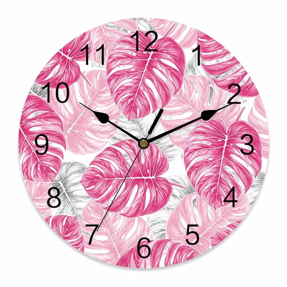 Wall Clock Pink Palm Leaves Clocks PVC Silent Non-Ticking Battery Operated Decorative Tropical Plant Tortoise Round Clock for Home Living Room Kitchen Bedroom Office School Wall Decor 10 Inch