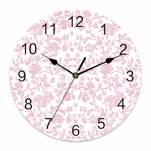 Wall Clock Pink Pastoral Flower Clocks PVC Silent Non-Ticking Battery Operated Decorative Farmhouse Floral Round Clock for Home Living Room Kitchen Bedroom Office School Wall Decor 10 Inch