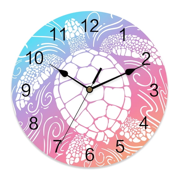 Wall Clock Pink Purple Sea Turtle Clocks PVC Silent Non-Ticking Battery Operated Decorative Coastal Marine Life Waves Round Clock for Home Living Room Kitchen Bedroom Office Wall Decor 10 Inch