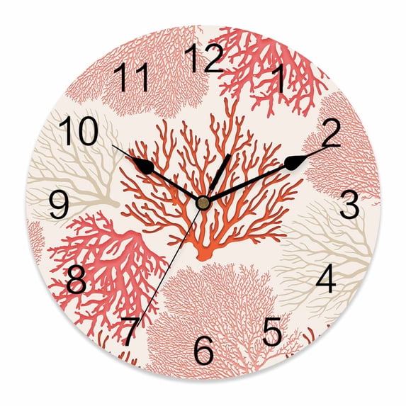 Wall Clock Pink Red Coral Clocks PVC Silent Non-Ticking Battery Operated Decorative Ocean Marine Life Round Clock for Home Living Room Kitchen Bedroom Office School Wall Decor 10 Inch